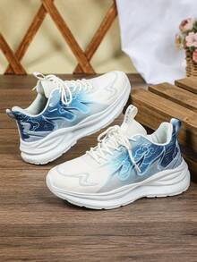 Men White Blue Gradient Graphics Sneakers, Low Top Lace Up Breathable Mesh Thick Sole Casual Jogging Shoes For Daily Outings Outdoor Activities - White and Blue Background - View 1