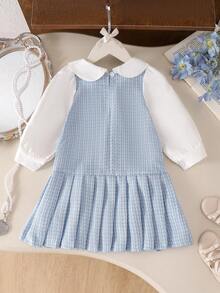 2pcs/Set Girls Toddler Simple Elegant Style Peter Pan Collar 3D Flower Long Sleeve Dress Spring Autumn - White - View 2
