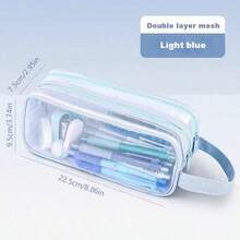 1pc/2pcs Large Mesh Transparent Pencil Case With 2-Layer Compartment Design, Clear Visible Thickened Mesh Material, Multi-Function Stationery Storage Bag, Back To School Season University Dorm Office Travel Student Unisex Essential Stationery Pouch - Multicolor - View 16