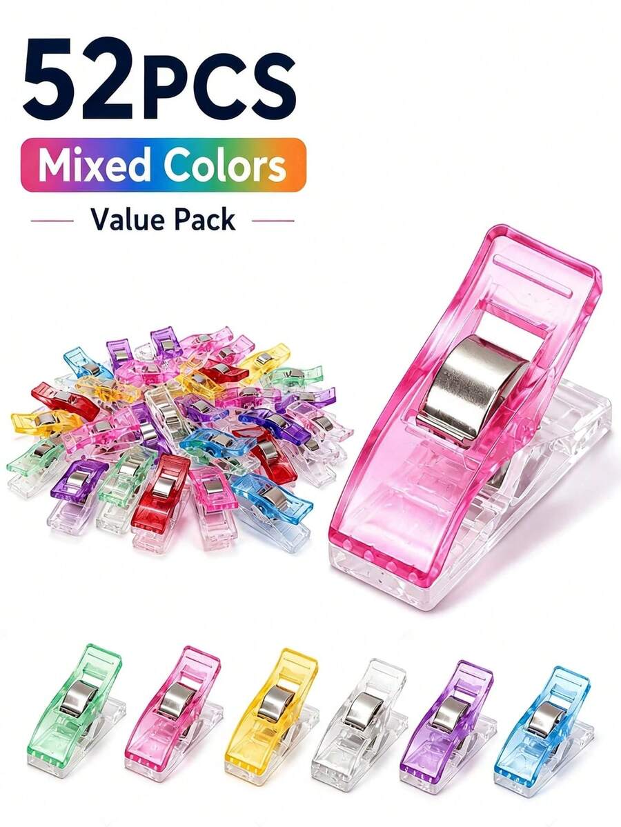 52 piezas de clips de costura de plástico de colores mixtos, clips de fijación de tela, clips de patchwork, herramientas de costura para fijación de tela - 52 piezas colores surtidos - Ver 1