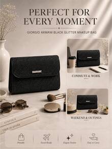 Giorgio Armani Armani Black Glitter Makeup Bag, Single Item, Magnetic Flip-Top, Exquisite Large Capacity, Perfect For Travel And On-The-Go Makeup Storage - Black - View 9