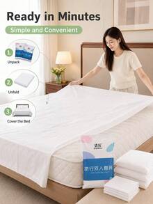1 pieza Juego de ropa de cama desechable para viaje que incluye sábana, edredón y funda de almohada, adecuado para hotel, motel, estilo, color y empaque aleatorios - Blanco - Ver 4