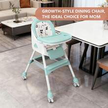 Nawahev 4-In-1 Foldable Baby High Chair With Adjustable Height, Removable Double Tray, Detachable PU Seat Cushion & Lockable Wheels For Babies & Toddlers - Mint Green - View 4