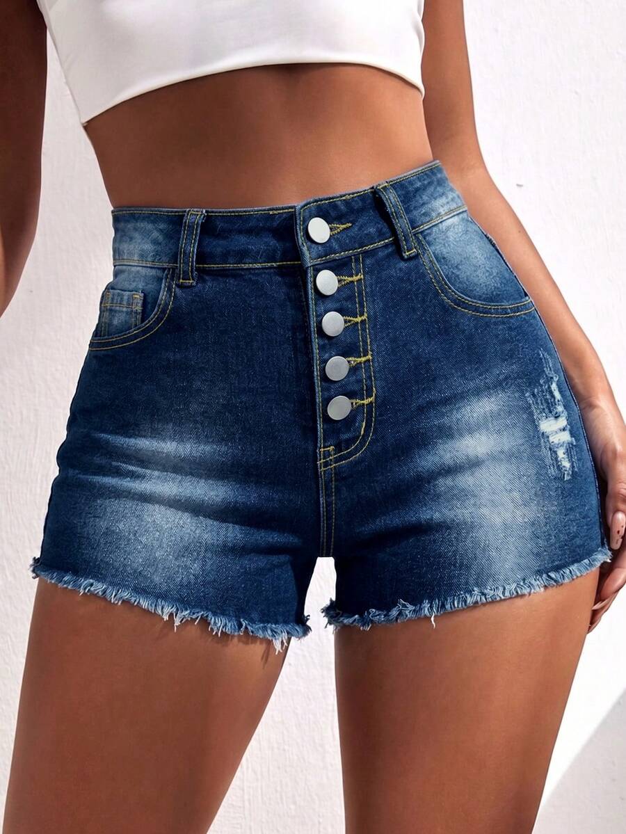 Women's Casual High Stretch Denim Shorts, Button Fly, Straight Leg, Frayed Hem, Ideal For Creating A Grunge Style Look. - Navy Blue - View 1