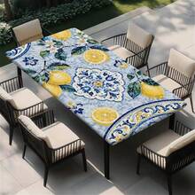 1pc Lemon Blue Floral Pattern Outdoor Elastic Tablecloth, Suitable For Spring And Summer Decoration, Perfect For Outdoor Patio, Indoor Dining, Picnic, Camping And Party - Multicolor - View 7