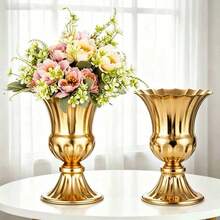 2/4件組 白色與金色婚禮桌花花瓶，復古金色複合花瓶 | 4英吋小底座金屬甕形花瓶 2 | 10件組 | 派對與居家房間裝飾的優雅桌面裝飾 - 喇叭款花瓶 - 查看 2