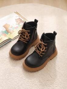 1 Pair 2026 New Children's Lace-Up Work Boots, Side Zipper Thick Sole Design, Cool Casual Style, Suitable For Daily Outings And School Wear - Brown - View 4