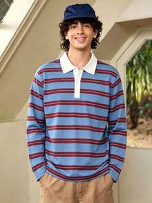 1pc Boys' Teen Striped Polo Shirt T-Shirt For Back To School Season - Blue - View 4