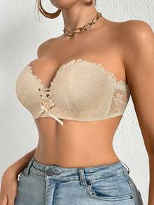 mimilemon Women's Beige Lace Strapless Wire-Free Bra - Drawstring Push-Up Design, Breathable And Comfortable, Suitable For Vacation Wear - Beige - View 11