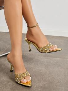 Women's Rhinestone Pointed Toe Mule Sandals, Kitten Heels, High Heel - Gold - View 2