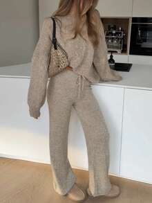 Women's Ribbed Knit Sweater Set In Khaki, Includes Drawstring Pants, Medium Stretch, Warm Casual Loungewear For Autumn/Winter - Khaki - View 5