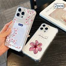 2件裝花卉印花卡槽手機殼 TPU 防震全包覆精準保護套，適用於 Apple 11/12/13/14/15/16/17 Pro Max - 玫瑰金 - 查看 3