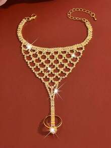 Vòng tay chuỗi tích hợp nhẫn lưới đính đá rhinestone thời trang cá tính mới - Vàng - Xem 2