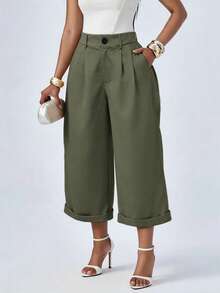 1pc Women's Fashion Versatile Solid Color Pocket Casual Wide Leg Capri Pants Office Daily Spring Summer - Army Green - View 1