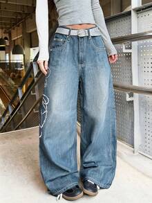 1pc American Street Style Women's Embroidered Loose Wide Leg Jeans Long Pants All Season Fashion Casual - Blue - View 8