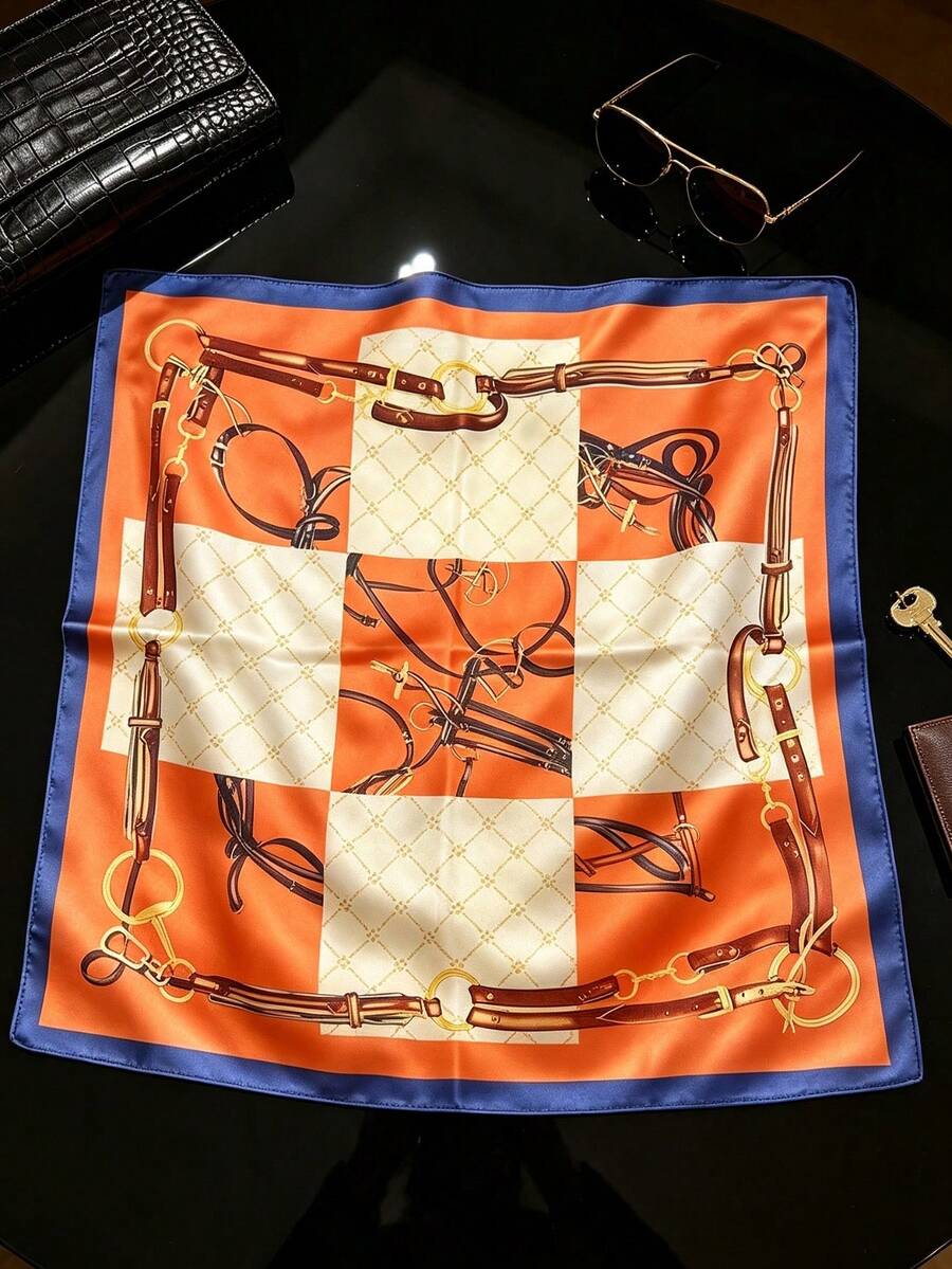 1 pieza Pañuelo cuadrado de satén con estampado de cadena y correa de cuero ecuestre vintage, pañuelo retro multifuncional, accesorio de decoración para bolso, adecuado para mujeres - Multicolor - Ver 1