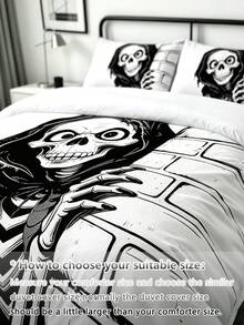 Blissful 3pcs Halloween Duvet Cover Set, Halloween Theme Comfortable Bedding Set, High-Definition Digital Print, Playful Skeleton Pattern, 1pc Duvet Cover With Four Corner Ties And Easy-To-Remove Zipper + 2 Pillowcases With Pockets, No Filling In Pillowcases And Duvet Cover, Suitable For Bedroom, Dorm (Boys And Girls Dorm Bedding) Or Travel - Black and White - View 11