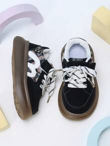 1 Pair Kids Black Fabric Patchwork Hook & Loop Lace-Up 2-Way Wear Sneakers, Suitable For Outdoor Sports And Vacation - Black - View 4