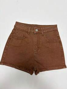 Women's Fashionable Brown Denim Shorts, Casual Button Detail Straight Leg Denim Shorts, Medium Stretch, Suitable For Daily Wear Summer, Effortless Style - Brown - View 6