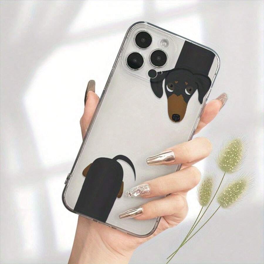 1 pieza Funda de teléfono de TPU con cobertura total y diseño de patrón de perro salchicha transparente con efecto espacial - Multicolor - Ver 1
