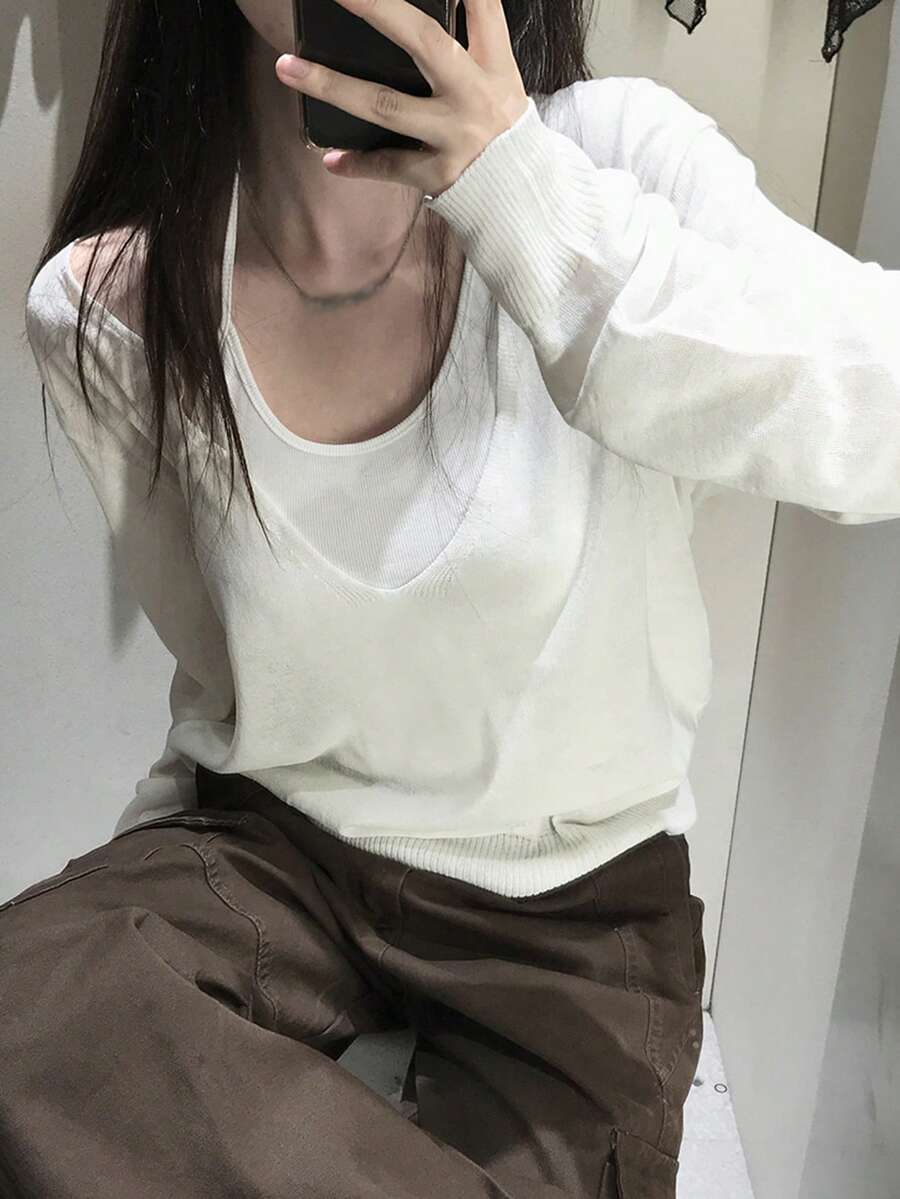Korean Style Chic Autumn New Deep V-Neck Elegant Relaxed Fit Thin Long Sleeve Knit Sweater