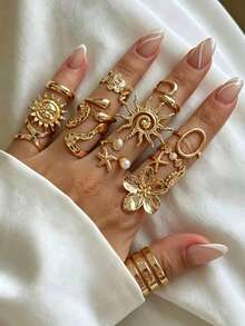 14pcs Flower & Starfish Women's Ring Set, Elegant Luxury Multi-Piece Open Band Rings, Party Vacation Daily Wear Finger Accessories, Fashion Jewelry Gift - Gold - View 1