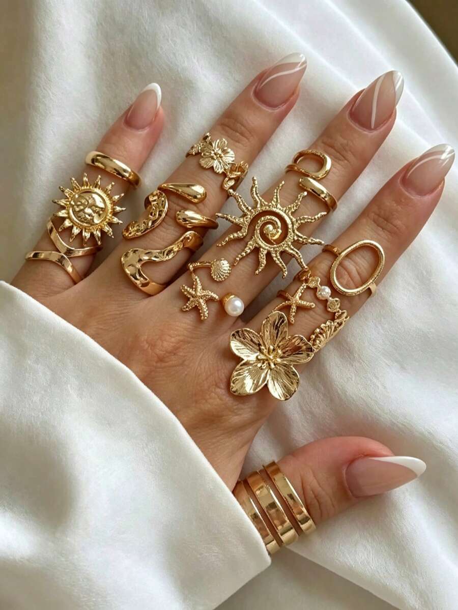 14pcs Flower & Starfish Women's Ring Set, Elegant Luxury Multi-Piece Open Band Rings, Party Vacation Daily Wear Finger Accessories, Fashion Jewelry Gift - Gold - View 1