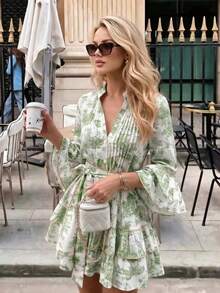 Spring & Summer Casual Street Style Front Button Waist Belt Printed Flare Sleeve V-Neck Dress Elegant - Green - View 2