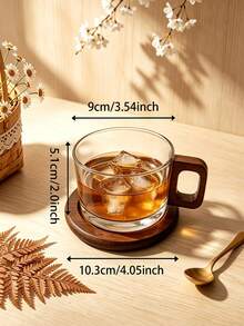 1pc Chinese Style Wooden Handle Glass Cup And Saucer Set, Niche Creative Heat-Resistant Personal Tea Cup, Home/Office Coffee Cup, Tea Cup Set, Chloware - Multicolor - View 3