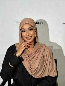 1 Pieza Hiyab de unicolor Minimalista para Mujeres con Dobladillo, Turbante de Punto Modal Premium Largo para Uso Diario, Viajes y Reuniones - Caqui - Ver 2