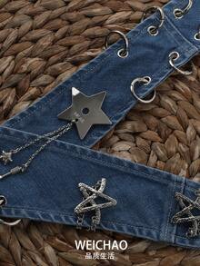 1pc Metal Star Chain Denim Vintage Washed Shirt Decoration Accessory Women's Tie - Blue - View 3
