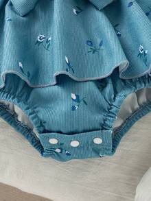 Autumn/Winter Baby Girl Cute Blue Floral Bow Flutter Sleeve Bodysuit & Bodysuit & Floral Headband & Bow Socks Full Moon/100 Days Photo Shoot & Outdoor Outfit Set - Blue - View 5