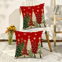 2PCS Red Christmas Tree With Gold Star And Snowflake Square Pillowcase, Winter Holiday Country Christmas Home Decor Cushion Cover, Single-Sided, Pillow Not Included - Red - View 1