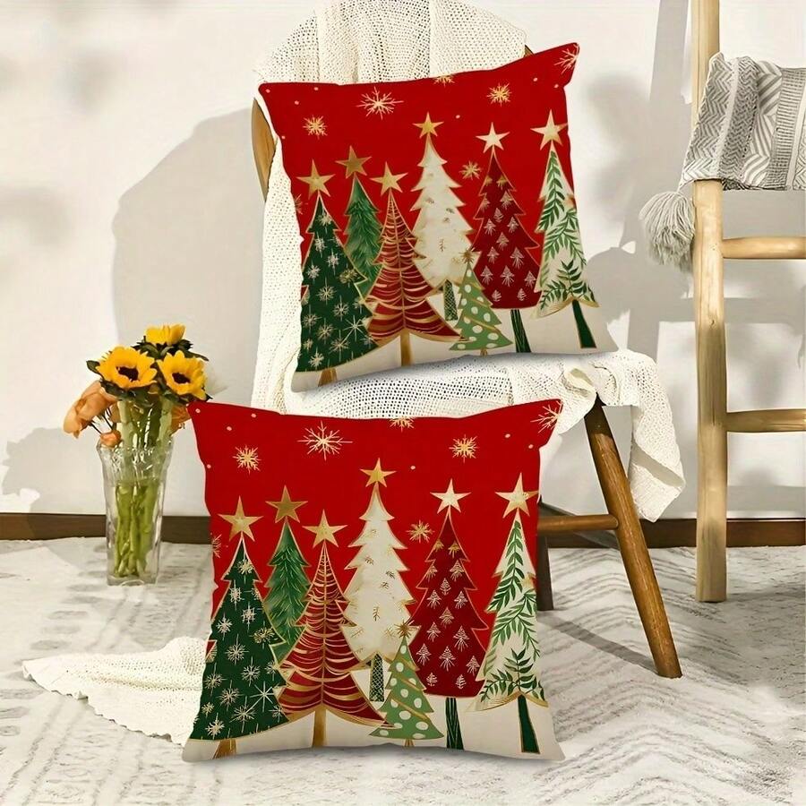 2PCS Red Christmas Tree With Gold Star And Snowflake Square Pillowcase, Winter Holiday Country Christmas Home Decor Cushion Cover, Single-Sided, Pillow Not Included - Red - View 1