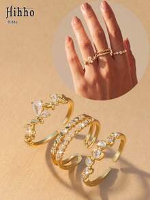 Hihho 3pcs/Set Cincin Berlian yang Dapat Dilepas dan Ditumpuk, Cincin Emas Indah Bentuk Kupu-kupu dan Gelembung Berpilin 3-in-1 - Set Cincin - View 1