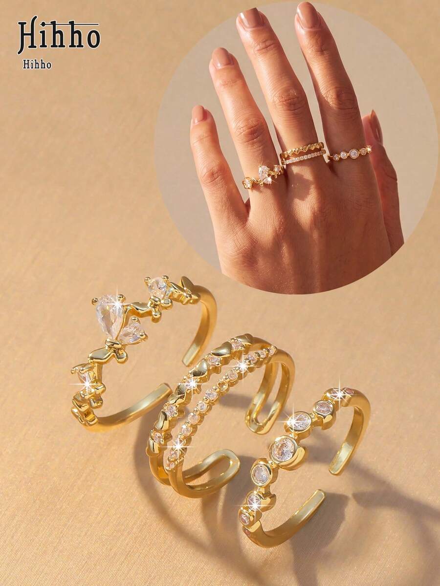 Hihho 3pcs/Set Cincin Berlian yang Dapat Dilepas dan Ditumpuk, Cincin Emas Indah Bentuk Kupu-kupu dan Gelembung Berpilin 3-in-1 - Set Cincin - View 1