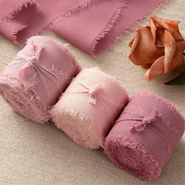 3 Rolls, 3 Colors, Hand-Edged Chiffon Ribbon, Suitable For Wedding Invitations, Mother's Day, Bridal Bouquets, Gift Packaging, DIY Crafts, Rustic Wedding Invitations, Bows, Wreaths, Christmas Decorations, Home Decor, Wedding Parties