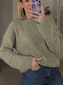 Women's Casual Ribbed Pullover Knit Sweater, Long Sleeve Basic Top For Fall Winter Daily Commute Outfits Basic Blouses Going Out Outfits - Olive Green - View 4