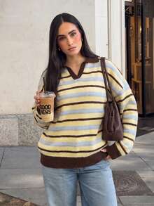 VIBEWAVE Colorblock Striped Polo Collar V-Neck Drop Shoulder Loose Pullover Sweater Women Spring Autumn Vintage Preppy Style Casual Knit Top - Multicolor - View 5