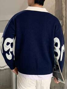 1pc Tween Boys American Street Style Creative Letter 2 In 1 Sweater Knit Top - Blue - View 3