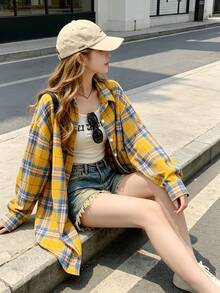 YUXIN American Vintage Niche Design Long Sleeve Plaid Shirt For Women / Spring & Autumn New Loose Casual Commuter Blouse / Suitable For All Seasons - Orange - View 7