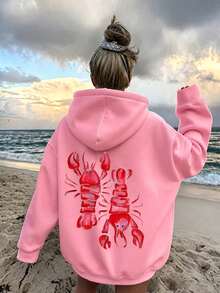 Women's Plus Size Thin Hooded Sweatshirt, Long Sleeve, Pink Lobster Print, Summer Beach Club Casual Fashion Sweatshirt, Comfortable Women's Autumn/Winter Daily Wear, Suitable For Daily Outings, Parties, School, Music Festivals, Vacations And Commuting. Can Be Given As A Gift To Family, Boyfriend, Girlfriend, Friends, Ideal Autumn/Winter Clothing For Girls. - Pink - View 4