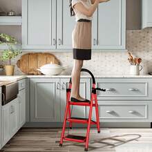 Folding Step Ladder 3 Steps, Heavy Duty Folding Step Ladder, 150kg Load, Small Folding Ladder With Non-Slip Steps, Household Ladder For Kitchen, Home And Garden - 3-step Red - View 4