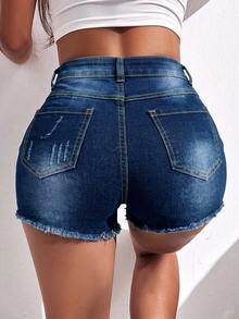 Women's Casual High Stretch Denim Shorts, Button Fly, Straight Leg, Frayed Hem, Ideal For Creating A Grunge Style Look. - Navy Blue - View 3