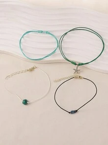 4pcs Summer Personalized Contrast Color Rope Starfish Shell Fish Pendant Braided Layered Anklets, Suitable For Girls Daily Casual Wear, Beach Seaside Vacation Matching - Multicolor - View 4