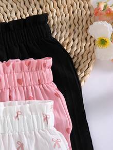3pcs/Set Girls' Casual Fashion Elastic Waist Faux Button Decor Pink Bow Heart Print Loose Straight Leg Pants, Spring/Autumn - Multicolor - View 3