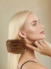 1pc Hollow Curved TPE Wood-Color Hair Comb, Wet & Dry Use, Soft Massage Detangling Brush, Suitable For Smoothing Frizzy Hair, Blowout Styling, Travel, Salon And Bathroom Hair Care Accessory - Multicolor - View 9