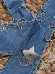 1pc Metal Star Chain Denim Vintage Washed Shirt Decoration Accessory Women's Tie - Blue - View 5