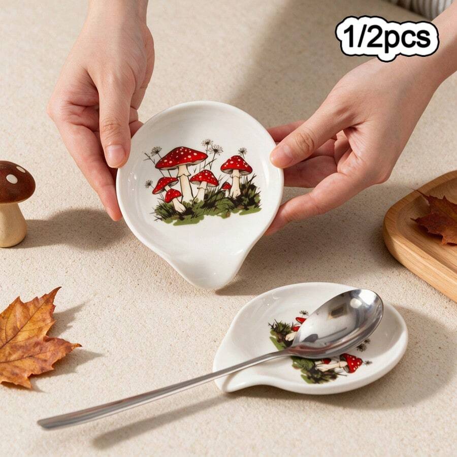 1/2 st 3 tum söt röd svamp i keramik, skedstöd i cottagecore-stil för köksbord, kaffebar, dekoration och kökstillbehör, lantlig köksredskapshållare för bänkskiva, present till värdinna - Visa 1