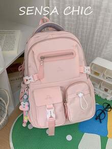 Ransel Pink untuk Pelajar, Tas Sekolah Kapasitas Besar dengan Banyak Kantong, Tali Bahu yang Dapat Diatur & Liontin Lucu, Ransel Ringan untuk Perjalanan Sehari-hari - Berwarna merah muda - View 4